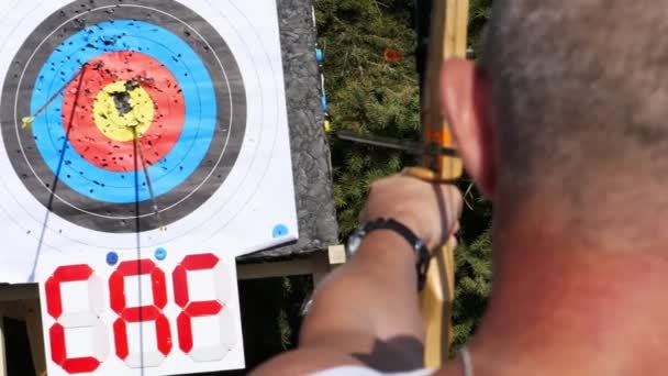 An outdoor target for shooting with a bow and arrows, for archery arrows on a summer day , in the Park. Archery target , Hit the goal. target board and arrow shoot. — Stock Video