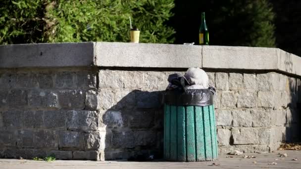 На вулиці, тротуарі, це смітник, заповнений зверху сміттям, сміттям. поруч з ним використовуються пластикові чашки кави, скляна пляшка алкоголю. екологія, забруднення навколишнього середовища . — стокове відео