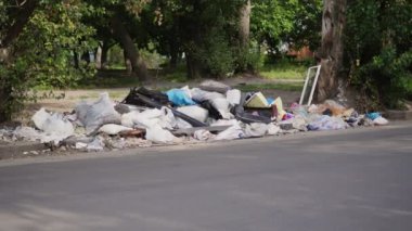 yolun, tarafında yere çöp bir sürü yalan söylüyor. dağınık çöp, çöp, eski şeyler, araba lastikleri, kırık cam, plastik. çöplüğü. ekoloji, çevre kirliliği.