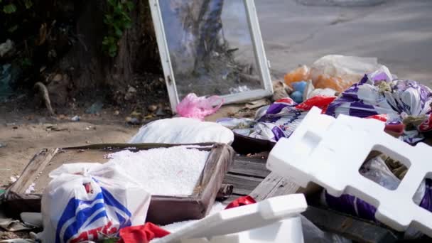 Na ziemi, na poboczu leży mnóstwo śmieci. porozrzucane śmieci, śmieci, stare rzeczy, opony samochodowe, rozbite szkło, plastik. wysypisko śmieci. ekologia, zanieczyszczenia środowiska. — Wideo stockowe