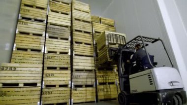 Özel makine, yükleyici, forklift kamyon özel depo depoda büyük ahşap kutuları üst üste, elmalı koyar.