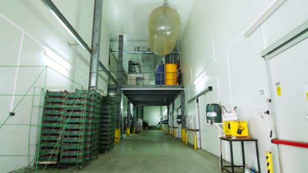 Big freezer warehouse at the plant. large storage rooms in warehouse for storing apples or other products in certain conditions. warehouse storage technology. cold stores in stock — Stock Video