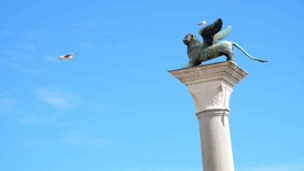 Venedig, Italien - 7 juli 2018: antika kolumn, monument, forntida arkitektur i Venedig, mot den blå himlen, en varm sommardag, Piazza San Marco, St Marks Basilica, — Stockvideo