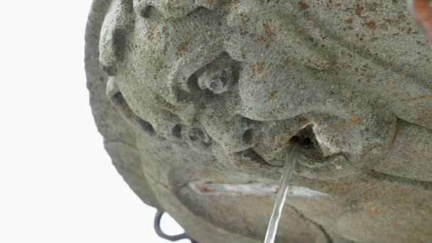 OROPA, BIELLA, ITALY - 7 июля 2018 г.: серебряная альпийская вода, текущая из фонтана каменной готической маски в Храм Оропы, Святилище, в горах недалеко от города Биелла, Пьемонт, Италия . — стоковое видео