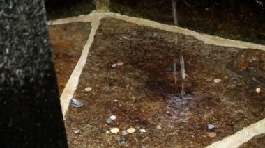 Oropa, Biella, İtalya - 7 Temmuz 2018: havuzun dibinde paralar. Gümüş alp su Oropa Tapınak, tapınak kenti yakınındaki dağlarda taş Gotik maskesi Fountain akan