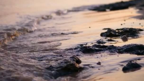 クローズ アップ、海の波、潮、砂のビーチに海の波。太陽の光、暖かい夏夕日, — ストック動画