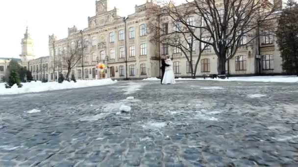 Χειμερινό γάμο. νεόνυμφο ζευγάρι σε γάμο φορέματα είναι το περπάτημα μέσα από το χιονισμένο πάρκο, φόντο της αρχαίας αρχιτεκτονικής και πλάκες — Αρχείο Βίντεο