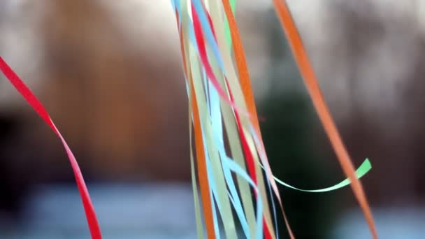 Close-up, colorful ribbons developing in the wind, blurred background — Wideo stockowe