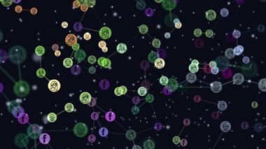 Dijital, motion grafik video animasyon ağ soyut kullanıcılar, online topluluk, uçan afiş, Facebook simgeler. insanlar arasında sosyal ağların popülerlik büyüyen kavramı
