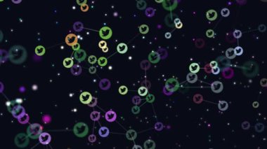 Dijital, motion grafik video animasyon soyut sosyal ağ, online topluluk, uçan afiş, heyecan simgeler. insanlar arasında sosyal ağların popülerlik büyüyen kavramı. sanal dünya