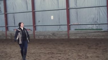 Özel bir hangarda bir kadın koç a siyah, safkan at eğitiyor. o atlar, bir daire içinde çalışır. at eğitim