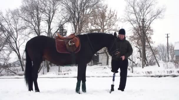 Сніжна зима, чоловік-інвалід стоїть біля чорного коня на відкритому повітрі. у нього протез замість правої ноги. Він вчиться кататися на конях, гіпотерапії. реабілітація інвалідів з тваринами . — стокове відео