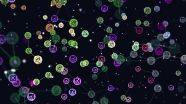 Dijital, motion grafik video animasyon ağ soyut kullanıcılar, online topluluk, uçan afiş, Instagram simgeler. insanlar arasında sosyal ağların popülerlik büyüyen kavramı