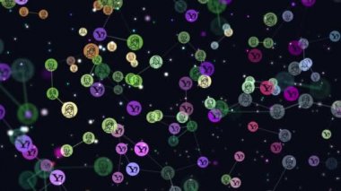 Dijital, motion grafik video animasyon ağ soyut kullanıcılarının online topluluk, afiş, Yahoo arama motoru insanlar arasında artan popülaritesi kavramı Yahoo simgeleri uçan