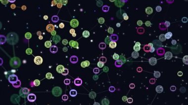 Dijital, motion grafik video animasyon ağ soyut kullanıcılar, online topluluk, uçan afiş, YouTube simgeler. Youtube video düşmanlık yer insanlar arasında popülerlik büyüyen kavramı