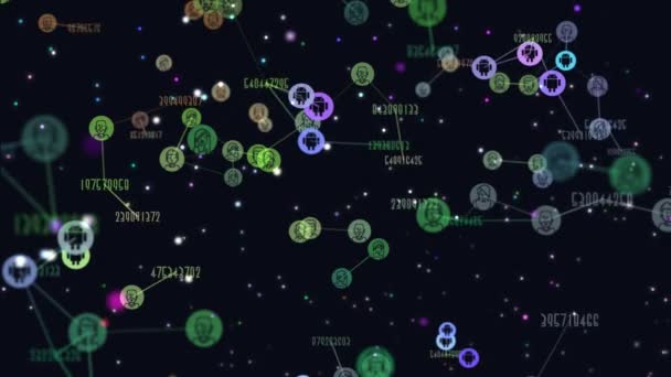 Animação de vídeo digital e gráfica de usuários abstratos da rede, ícones voadores do Android. mudança de números. conceito de popularidade do sistema operacional Android entre as pessoas — Vídeo de Stock