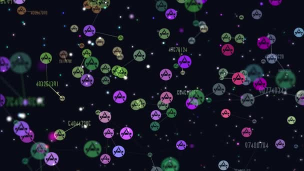 Digitale, grafische Videoanimation abstrakter Nutzer des Netzwerks, fliegende Icons des App Stores. Wechselnde Zahlen. Konzept der Popularität von App Store - Application Store bei den Menschen — Stockvideo