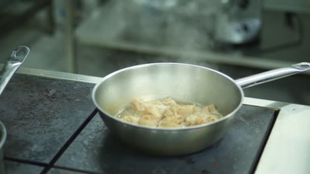 Gros plan, sur une cuisinière dans une casserole, casserole, la viande est frite. l'huile bout, la vapeur monte de la casserole — Video