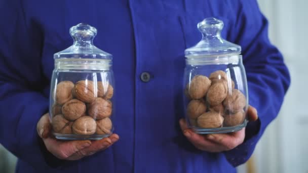 Detail, pracovník s drží dvě sklenice z ořechu, různých druhů pěstovaných selektivně, hybridy ořechů kvalitnější. Vlašské ořechy pro potravinářský průmysl. krmiva ořech pro plnokrevných koní. — Stock video