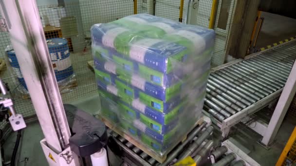UCRANIA, CHERKASSY, 25 DE MARZO DE 2019: empresa agrícola MAIS. proceso de envasado automatizado, envolviendo bolsas de grano de maíz en paletas con película, para su posterior carga y transporte — Vídeo de stock
