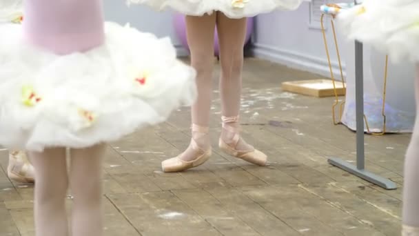 Крупный план, юные ноги балерины в балетных туфлях, пуанты, в бежевых трико, белые юбки в пачке, выполнять упражнения возле барре, на старом деревянном полу в балетной школе, во время урока балета — стоковое видео