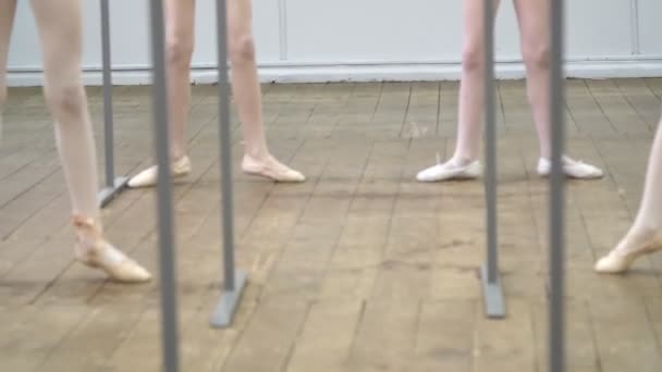 Zbliżenie, młode baleriny nogi w baletkach, pointes, w beżowych leotards, wykonywać ćwiczenia w pobliżu Barre, na starej drewnianej podłodze w szkole baletowej, podczas lekcji baletu — Wideo stockowe