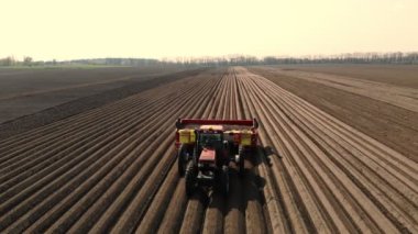 Ukrayna, Cherkasy, Mayıs 5, 2019: hava araştırması, mekanize makine patates ekim süreci. özel ekipman ve patates Tohumları ile büyük traktör, sürülmüş siyah toprak alanı ile sürmek, bitkiler