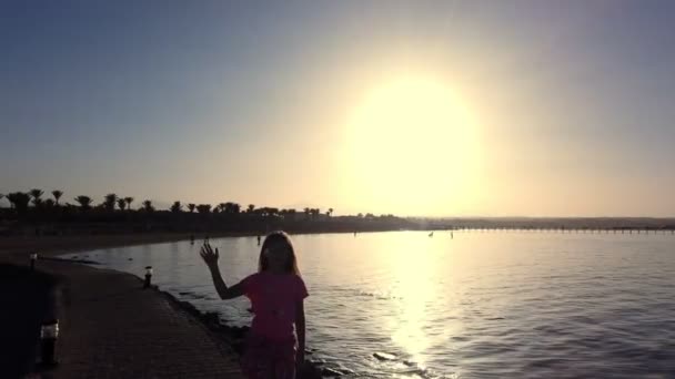 Verão, pôr do sol na praia, o contorno de uma adolescente, dançando — Vídeo de Stock