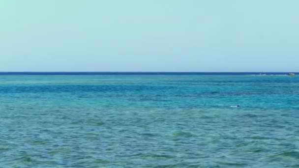 Zomer, zeegezicht. wateroppervlak, rustige kalme turquoise zee en blauwe lucht. vakantiegangers zwemmen met maskers om te snorkelen in de zee. uitzicht vanaf het strand naar de zee. — Stockvideo