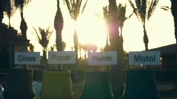 Çöp, çöp, çeşitli çöp için rubish kutuları, cam, kağıt, plastik ve metal sıralama için işaretler ile. gün batımında, sıcak yaz, palmiye ağaçları arasında. çöp sıralama konsepti. — Stok video