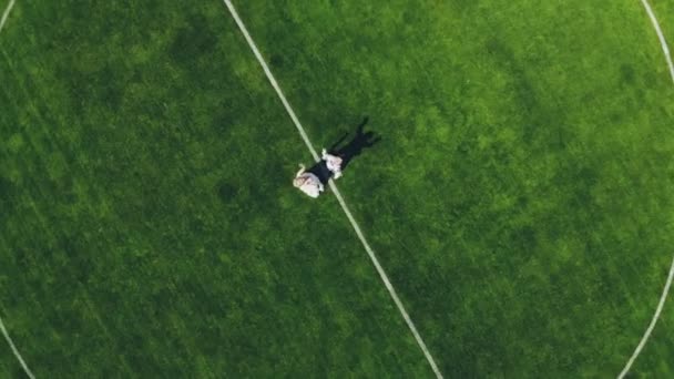 Luftbild, Blick von oben, im Stadion, in der Mitte eines grünen Fußballfeldes, Frischvermählte in Hochzeitskleidung tanzen, drehen sich. Sonniger Frühlingstag. Hochzeit — Stockvideo