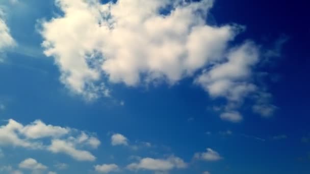 Τα λευκά, όμορφα σύννεφα τρέχουν ενάντια στον γαλάζιο ουρανό. — Αρχείο Βίντεο