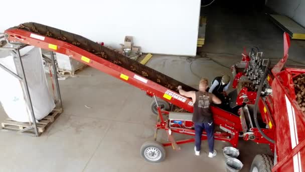 Tjerkasy, Ukraina, september 20, 2019: sortering potatis i jordbruksföretag, gård. potatis rör sig på specialbälten på Transportbands utrustning. Arbetare skalar potatis från jord och groddar. Potatis — Stockvideo