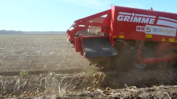 CHERKASY, UCRANIA, 20 DE SEPTIEMBRE DE 2019: Maquinaria agrícola cosechando papas en el campo con cultivo de papa. Tecnología agrícola automatizada, producción de la industria alimentaria, concepto agrícola . — Vídeo de stock