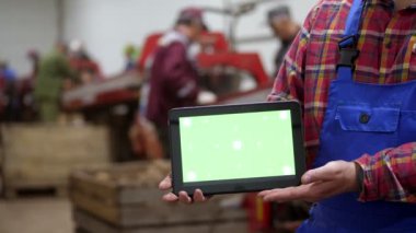 Yakın plan, çiftçi elinde yeşil ekranlı dijital tablet tutuyor, patates deposunun arka planında. tarım, gıda endüstrisi, patates hasadı.