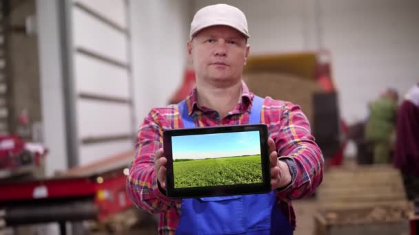 На складі для зберігання картоплі, фермер тримає в руках цифровий планшет, який показує фермерське поле з молодими квітучими кущами картоплі. сільське господарство, сільське господарство, харчова промисловість, урожай , — стокове відео