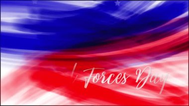 Animasyon. Silahlı Kuvvetler Günü. Amerikan bayrağının soyut grunge çiziminin arka planı. Mavi, kırmızı suluboya çizgiler, kayan beyaz yıldızlar. ABD ulusal bayram afişi, tebrik kartı, davetiye