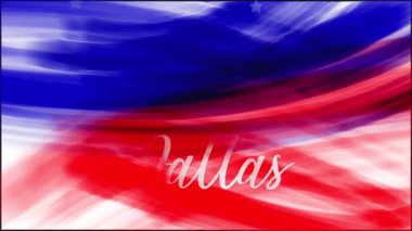 Animasyon. Dallas mı? Amerikan bayrağının soyut grunge çiziminin arka planı. Mavi, kırmızı suluboya çizgiler, kayan beyaz yıldızlar. ABD ulusal bayram afişi, tebrik kartı, davetiye, poster, broşür