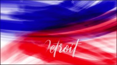 Animasyon. Detroit mi? Amerikan bayrağının soyut grunge çiziminin arka planı. Mavi, kırmızı suluboya çizgiler, kayan beyaz yıldızlar. ABD ulusal bayram afişi için şablon, tebrik kartı, davetiye, poster