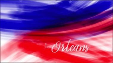 Animasyon. - New Orleans. Amerikan bayrağının soyut grunge çiziminin arka planı. Mavi, kırmızı suluboya çizgiler, kayan beyaz yıldızlar. ABD ulusal bayram afişi için şablon, tebrik kartı, davetiye, poster