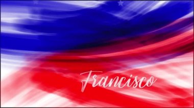 Animasyon. San Francisco mu? Amerikan bayrağının soyut grunge çiziminin arka planı. Mavi, kırmızı suluboya çizgiler, kayan beyaz yıldızlar. ABD ulusal bayram afişi için şablon, tebrik kartı, davetiye, poster