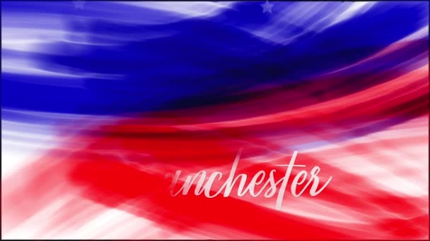 Animation. Manchester. Background of USA flag abstract grunge drawing. Blue, red watercolor stripes, falling white stars. Template for USA national holiday banner, greeting card, invitation, poster — Stock Video