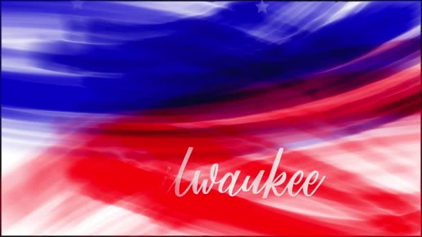 Animation. Milwaukee. Background of USA flag abstract grunge drawing. Blue, red watercolor stripes, falling white stars. Template for USA national holiday banner, greeting card, invitation, poster — Stock Video