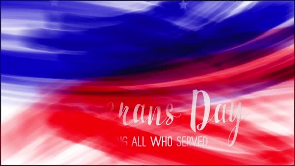 Animation of words Veterans Day on Background of USA flag grunge drawing. Blue, red watercolor stripes, falling white stars. Template for USA national holiday banner, greeting card, invitation, poster — Stock Video