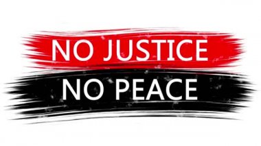 Üzerinde yazı olan animasyon afişi, slogan. Adalet yoksa, barış da yok. Kırmızı ve siyah çizgili beyaz arka plan. ABD 'de siyah cinayetlerine karşı protesto.