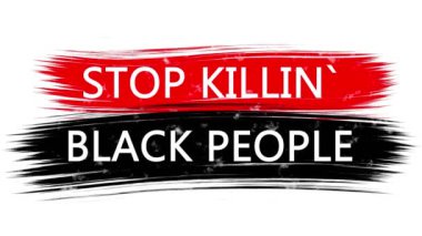Üzerinde yazı olan animasyon afişi, slogan. Siyahileri Öldürmeyi Durdur. Kırmızı ve siyah çizgili beyaz arka plan. ABD 'de siyah cinayetlerine karşı protesto.