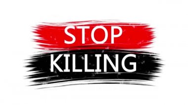 Üzerinde yazı olan animasyon afişi, slogan. Öldürmeyi bırak. Kırmızı ve siyah çizgili beyaz arka plan. ABD 'de siyah cinayetlerine karşı protesto.