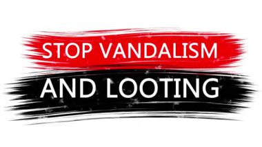 Üzerinde yazı olan animasyon afişi, slogan. Vandalizmi ve yağmalamayı bırak. Kırmızı ve siyah çizgili beyaz arka plan. ABD 'de siyah cinayetlerine karşı protesto.