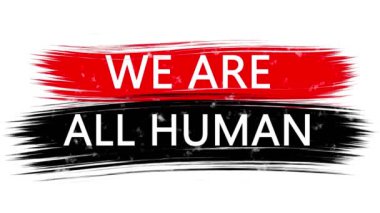 Üzerinde yazı olan animasyon afişi, slogan. Biz hepimiz insanız. Kırmızı ve siyah çizgili beyaz arka plan. ABD 'de siyah cinayetlerine karşı protesto.