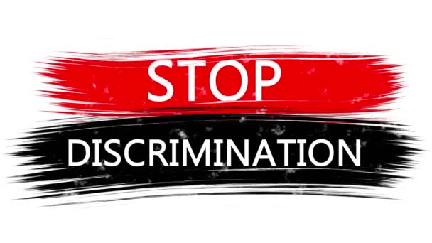 Анимационный баннер с надписью, слоган. Прекратите дискриминацию. Белый фон с красными и черными штрихами, полосками. Протест против убийств чернокожих в США . — стоковое видео